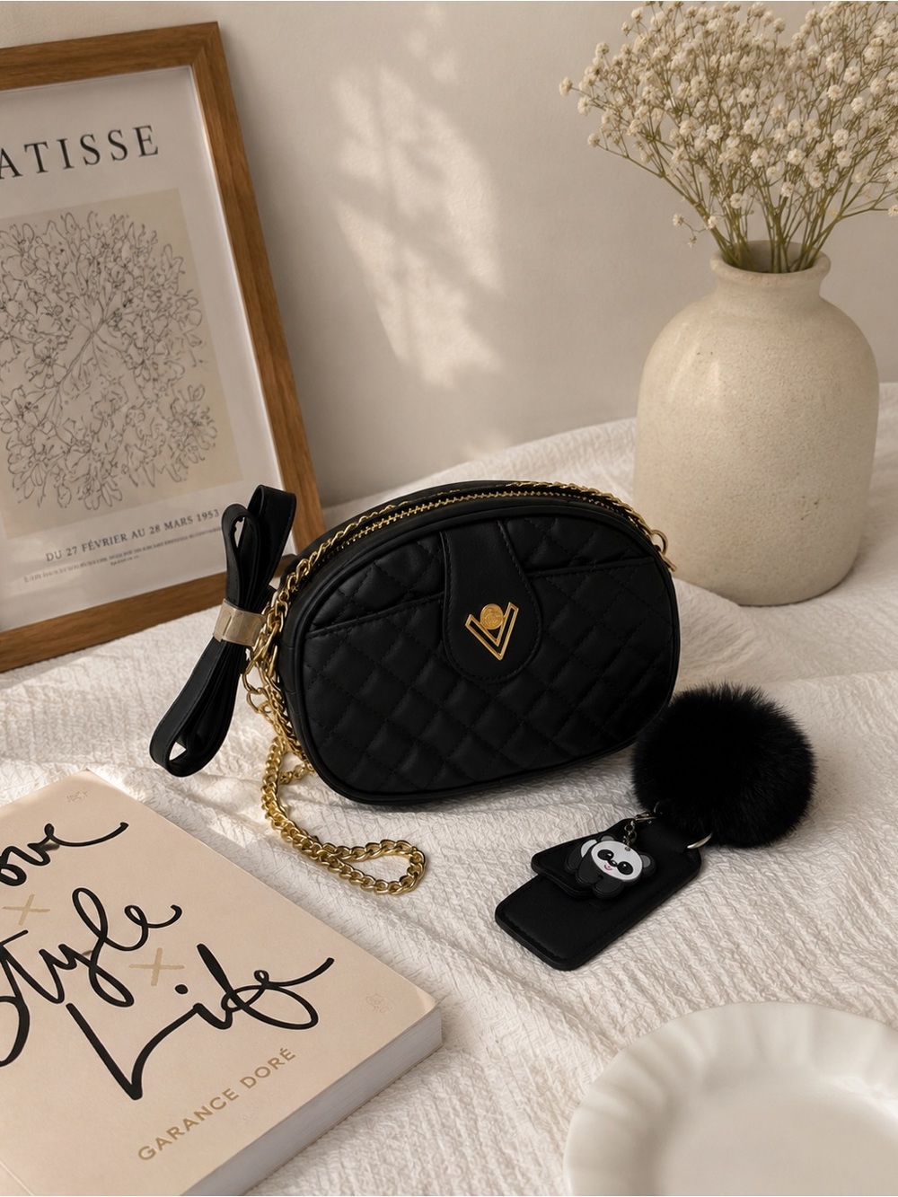 Valentino Orlandi Black Quilted Synthetic Leather Crossbody Bag & Bag Charm NWT